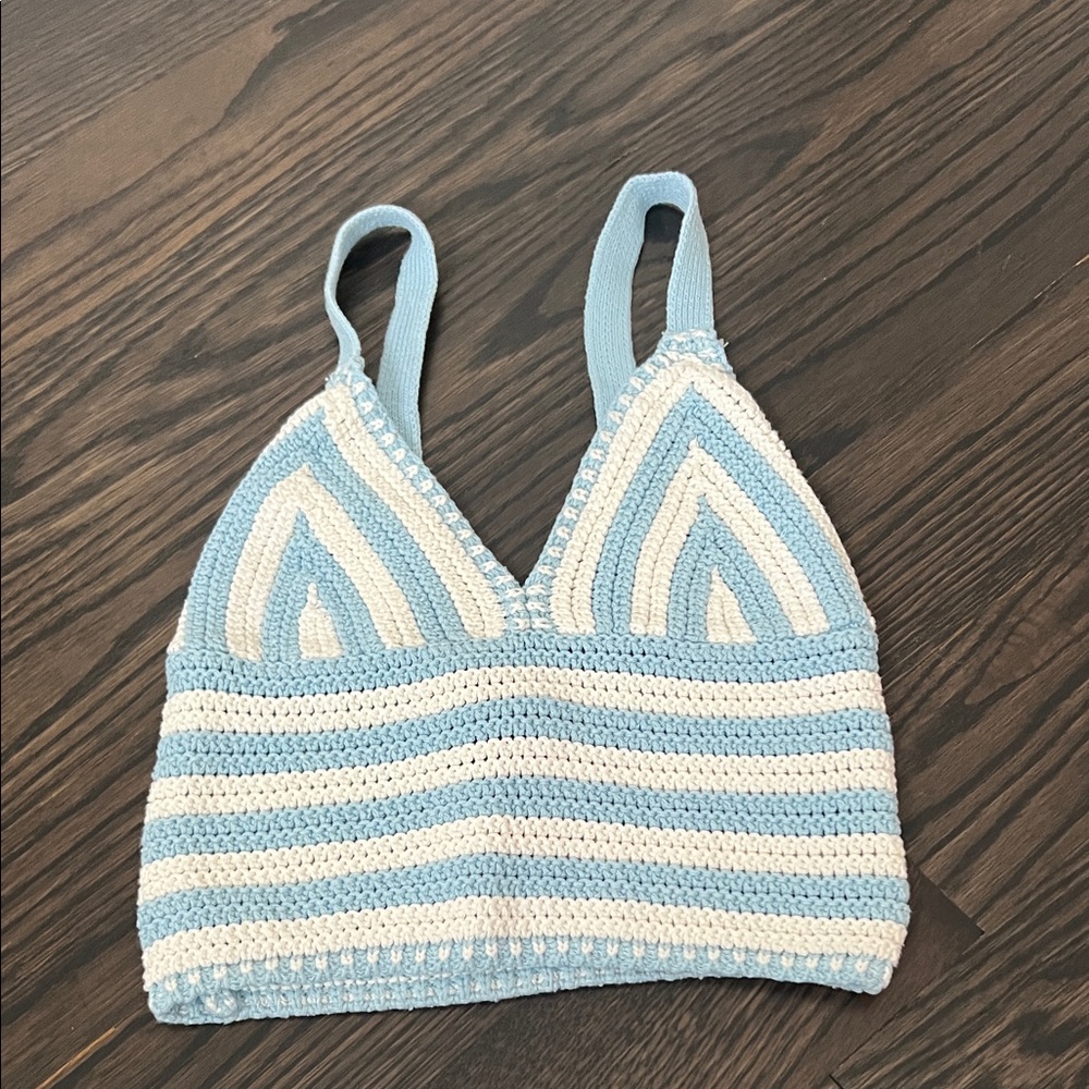 Streetwear Society Crochet Striped Bralette in Light Blue and White